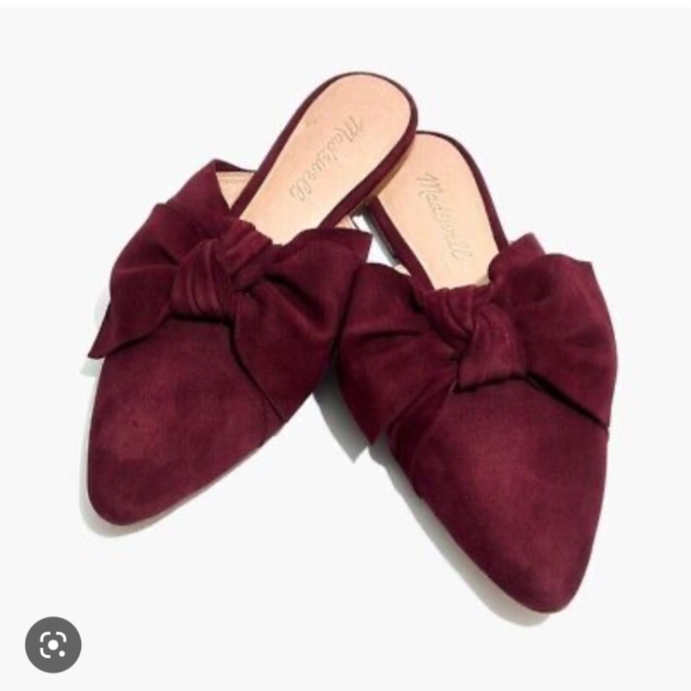 Madewell Remi Bow Mule; Suede Pinot Noir flats with bow